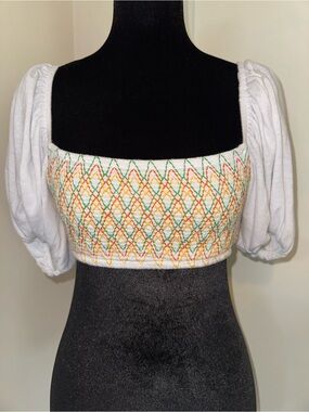 Soluna Swim White Smocked Bikini Top with Orange & Green Embroidery